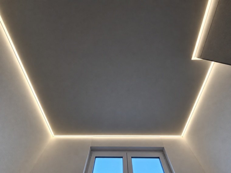 Graue matte Spanndecke mit umlaufender indirekter LED-Beleuchtung