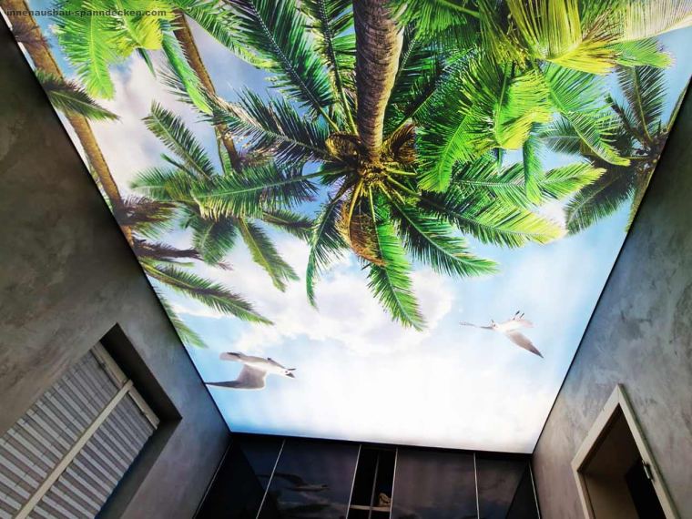 Spanndecke mit Fotodruck-Motiv (Palmen) als beleuchtete Lichtdecke im Badezimmer